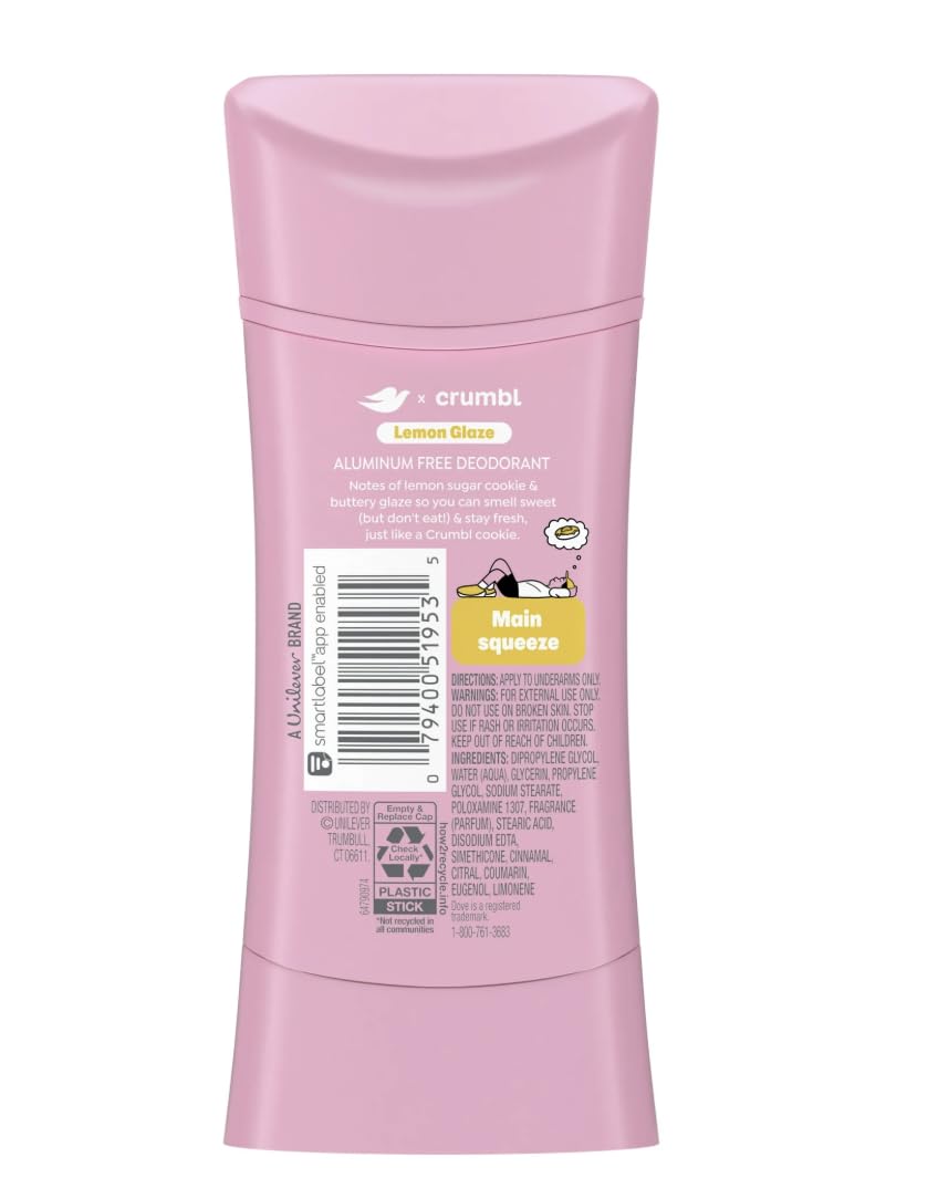 Dove x Crumbl 1 Pack Deodorant Stick Crumbl Lemon Glaze Aluminum Free, 2.6 oz