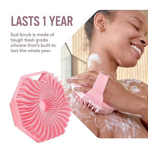 Sud Scrub® Antimicrobial Silicone Body Scrubber, Exfoliating Body Scrubber for Sensitive Skin, Eco Friendly Shower Scrubber for Body, Silicone Body Brush for Showering, Pink