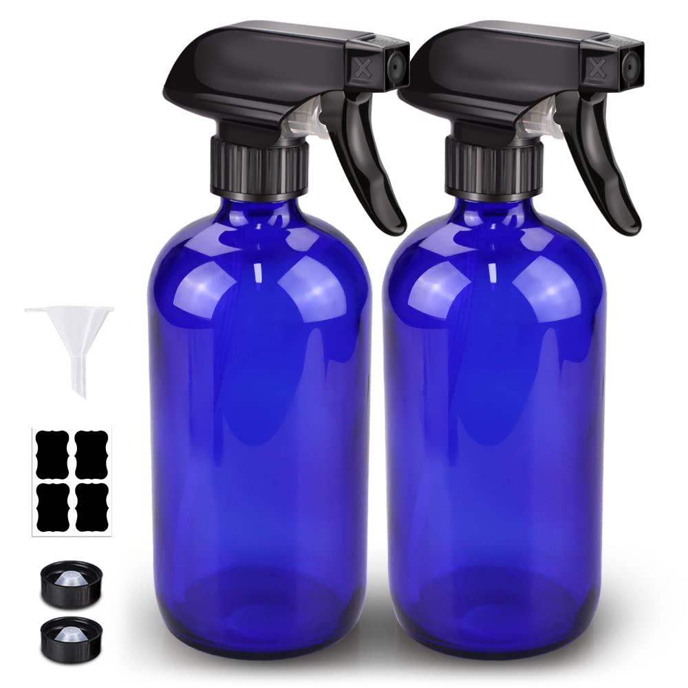 Bontip Glass Spray Bottle, Blue Glass Spray Bottle Set & Accessories Refillable for Plants Window Cleaners Aromatherapy Facial Hydration Watering Flowers Hair Care (2 Pack/16 oz) (Blue)