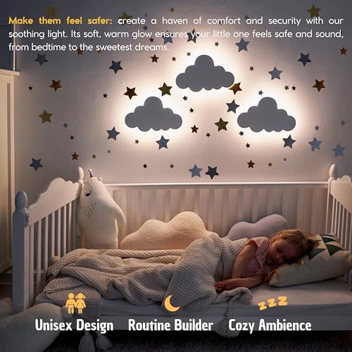 KALEOLI Cloud Light for Wall with Baby Wall Decals - Nursery Lighting for Baby Room Decor – Rechargeable & 3-Level Dimmer Cloud Lamp - Touch Night Light for Nursery