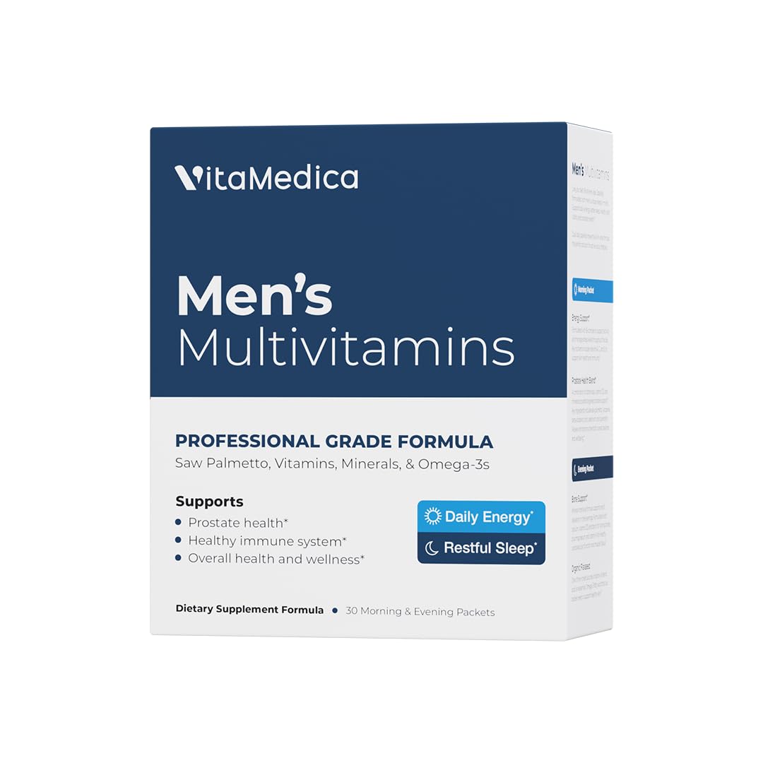 VitaMedica Men’s Multivitamin with Prostate Health Support | Vitamins, Minerals, Omega3s and Saw Palmetto | Box of 30 Easy Daily Packs | Supports Natural Energy and Sleep | Muscle, Joint Health