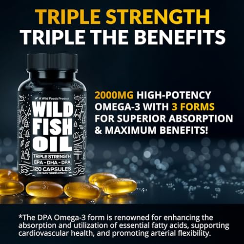 Wild Foods Omega 3 Fish Oil Supplement, 120 Capsules (1 pk) | Wild Caught, Burpless, Odorless, Non-GMO, Gluten Free | DPA, DHA, EPA Triple Strength Heart & Joint Nutrition for Women & Men