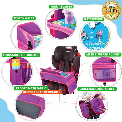 ECOFANTASY Kids Travel Tray - Waterproof Lap Table with No-Drop Large Tablet Holder - Car Seat Tray - Road Trip Essentials Kids - Car Desk Organizer for Airplane - Toddler Travel Essentials (Pink)