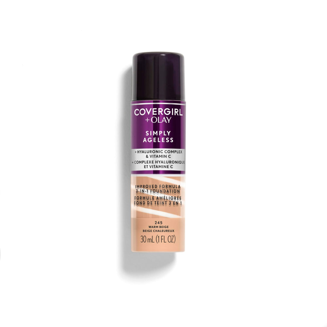 CoverGirl & Olay Simply Ageless 3-in-1 Liquid Foundation, Matte Finish, Hyaluronic & Vitamin C Formula, Cruelty Free, Warm Beige, 1 Count