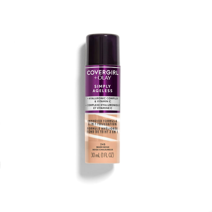 CoverGirl & Olay Simply Ageless 3-in-1 Liquid Foundation, Matte Finish, Hyaluronic & Vitamin C Formula, Cruelty Free, Warm Beige, 1 Count