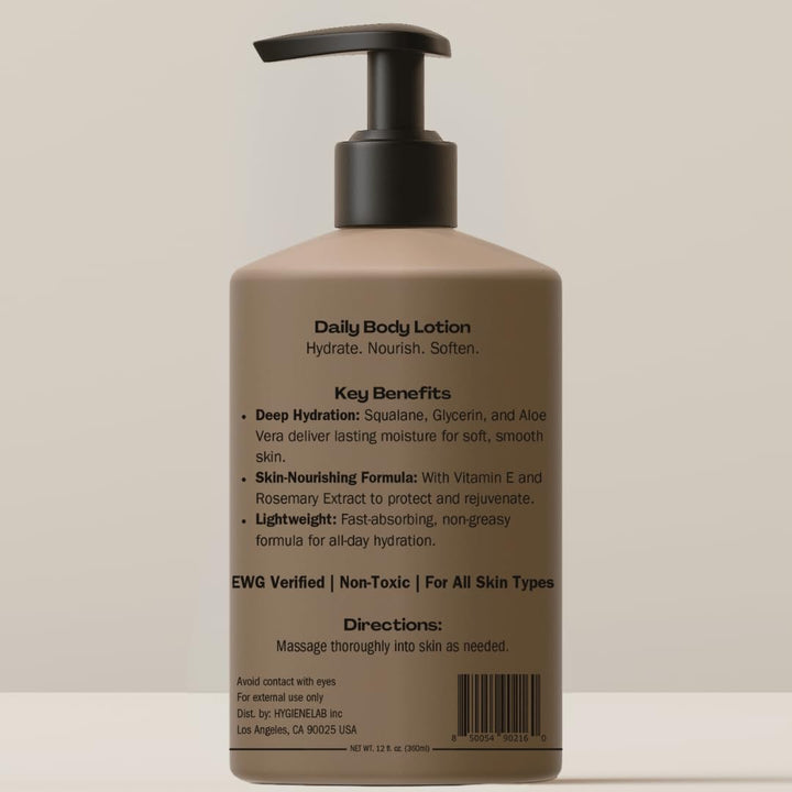 HygieneLab Body Lotion for Men – EWG Verified, Ultra Hydrating, Non-Toxic, Fast-Absorbing, Fragrance-Free, Unscented, Paraben-Free, Sulfate-Free, Daily Moisturizer for Dry & Sensitive Skin, 12oz