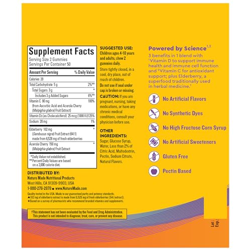 Nature Made Wellblends Immune & Superfood, Elderberry Gummies with Acerola Cherry Extract, Plus Vitamin C + Vitamin D, Immune Support Supplement, 100 Gummy Vitamins