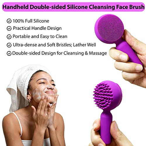 Silicone Facial Cleansing Brush 2 in 1 Silicone Facial Scrubber Manual Exfoliating Facial Brush Face Cleanser Face Exfoliator Ultrafine Bristles for Sensitive Skin Easy to Clean Lather Well (Purple)