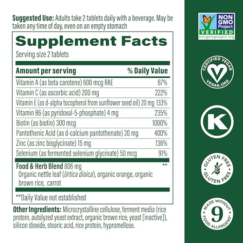 MegaFood Skin, Nails & Hair 2 - Vitamins For Women & Men - Biotin, Vitamin A, Vitamin C, Zinc, Vitamin B6, Vitamin E, Pantothenic Acid - Vegan - Made Without 9 Food Allergens - 90 Tabs (45 Servings)