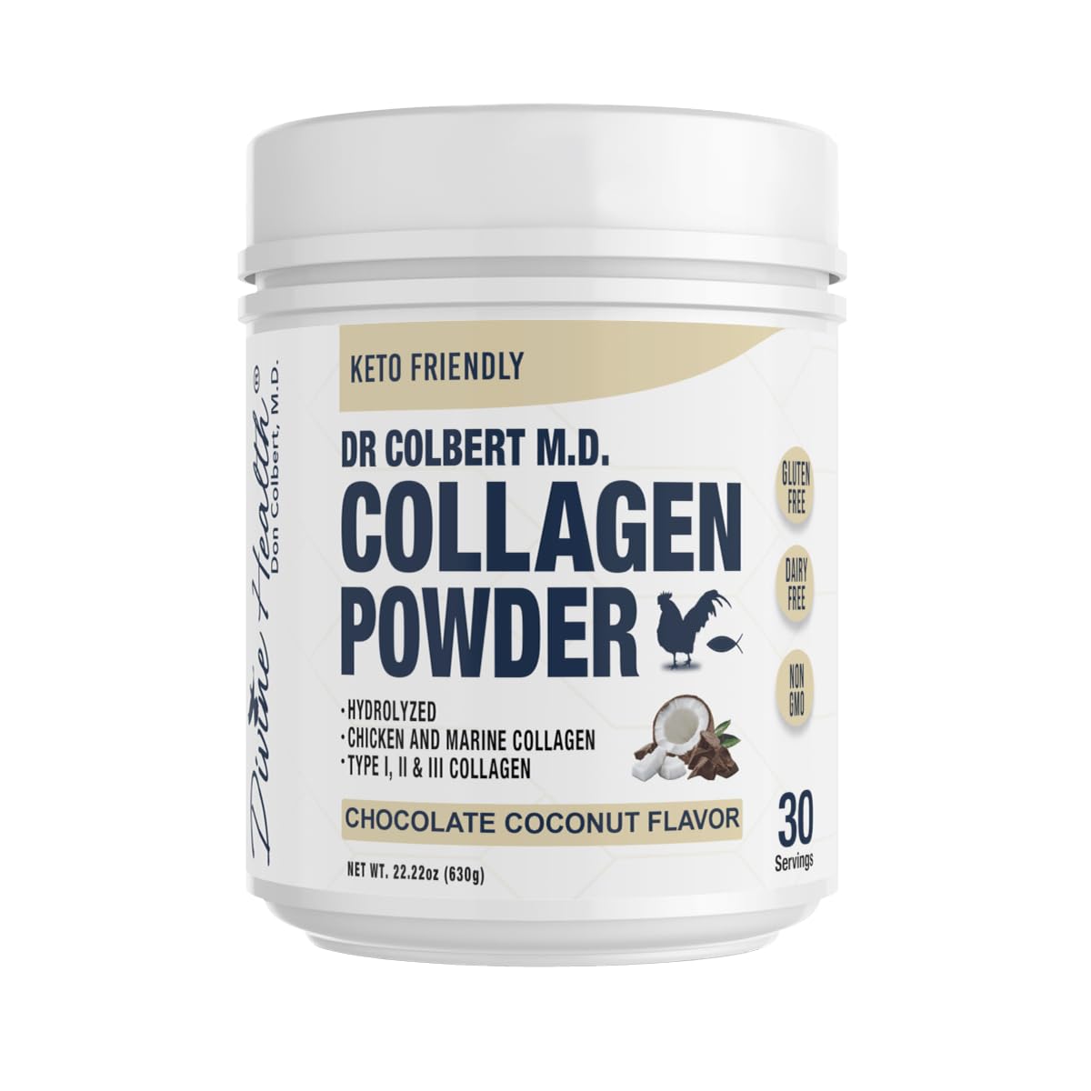 Divine Health Hydrolyzed Collagen Powder | Chocolate Coconut Flavor | Type I, II, III Collagen Peptides | Recommended in Dr. Colbert's Keto Zone Diet | Healthy Hair, Skin, Nails | 30 Servings