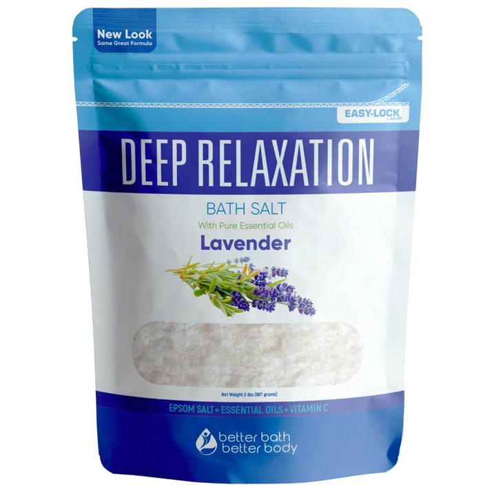 Deep Relaxation Bath Soak Epsom Salt With Lavender Essential Oils & Vitamin C 100% All Natural No Perfumes & Dyes Relieve Tension & Stress Naturally (2 Pounds 32 Ounces)