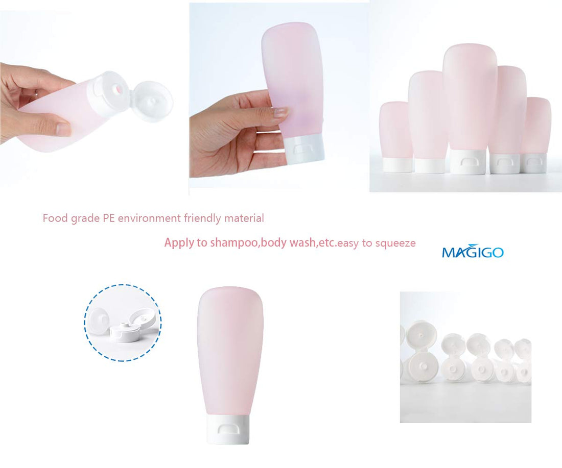 MAGIGO Pink Toiletries Leak Proof Travel Bottle Set (16 Pack), TSA Approved Airline Carry-On with Clear Bags for Women