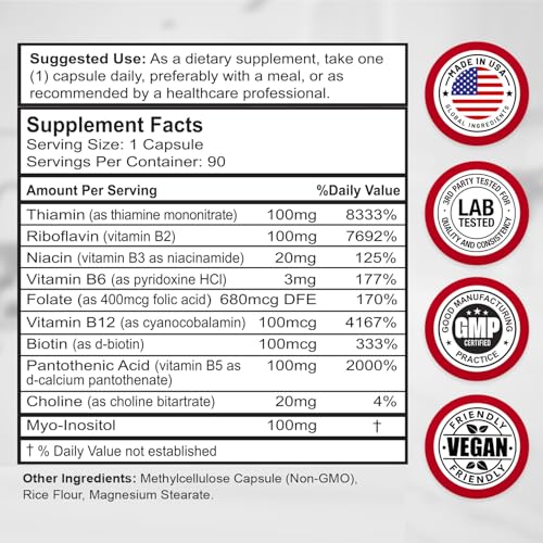 Divine Bounty Super B Complex Vitamins - All B Vitamins Including B12, B1, B2, B3, B5, B6, B7, B9, Folic Acid - Vitamin B Supplement - Support Healthy Energy Metabolism - 90 Vegetarian Capsules
