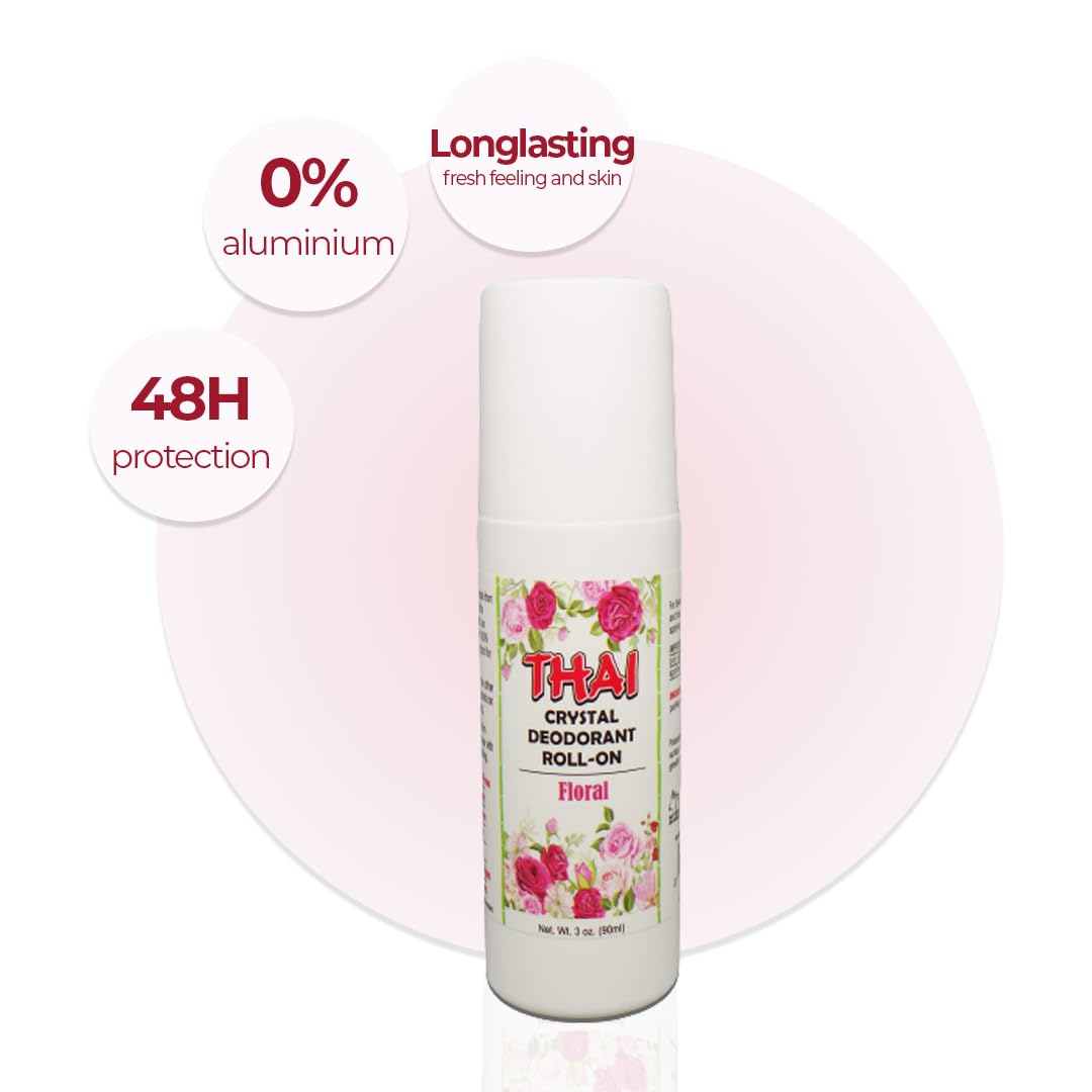 Thai 100% Natural Crystal Scented Deodorant Liquid Roll-on, No Aluminum Metals, Parabens, Propyls, or Sulfates, Cruelty Free and Environmentally Safe, Floral, 3 Fl Ounce