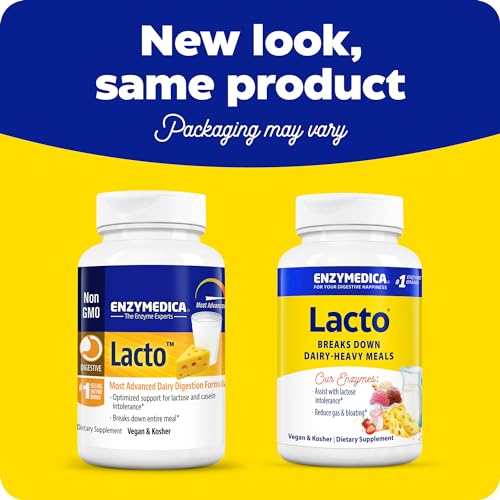 Enzymedica Lacto, Digestive Enzymes for Complete Dairy Digestion, Offers Fast-Acting Gas & Bloating Relief, Standard Packaging, 30 Count