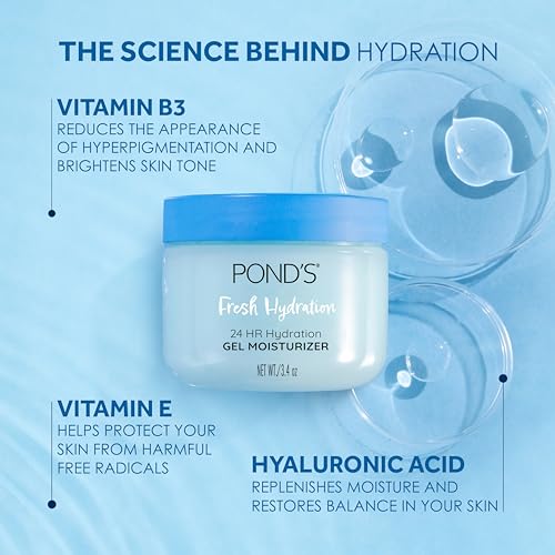 POND'S Hyaluronic Acid, Vitamin E & B3 Gel Face Moisturizer For 24 hour Hydration and Luminous Skin, 3.4 oz