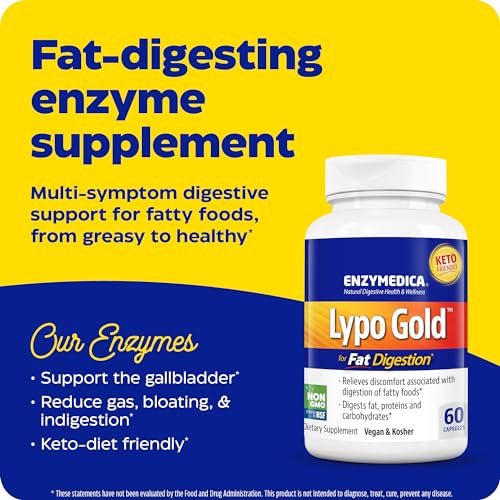 Enzymedica Lypo Gold, Digestive Enzymes for Fat Digestion, Offers Fast Acting Gas & Bloating Relief, 60 Count