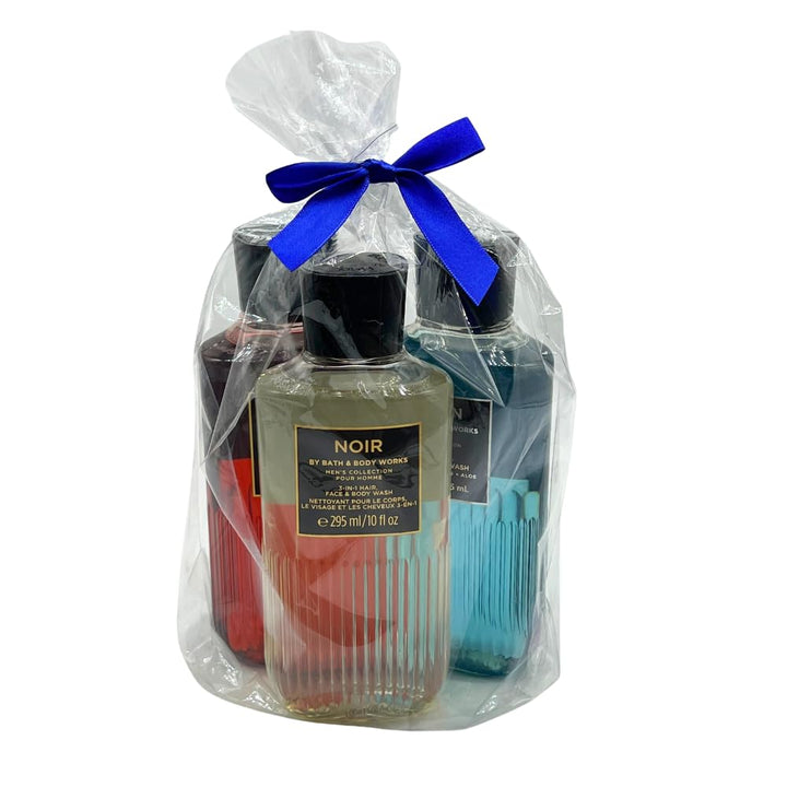 Bath & Body Works BOURBON, NOIR, OCEAN Men's Collection 3-in-1 Hair, Face & Body Wash 3-piece Gift Set with a Blue Bow for Holidays - 10 fl oz each