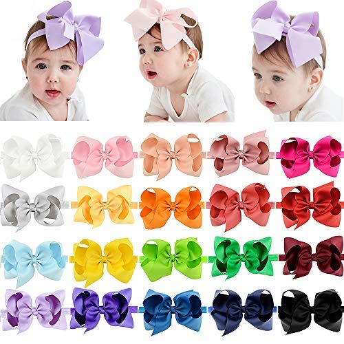 jollybows 20pcs Baby Girls Grosgrain Ribbon Hair Bows Headbands 6 Elastic Hair Band Hair Accessories for Infants Newborn (Multicoloured 6“ Bows Elastic Headband)