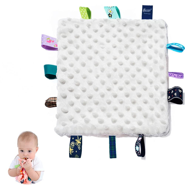 HECCEI Plush Sensory Baby Blanket - Square Soothing Blanket with Colorful Tags (10 x 10 inches, Grey)