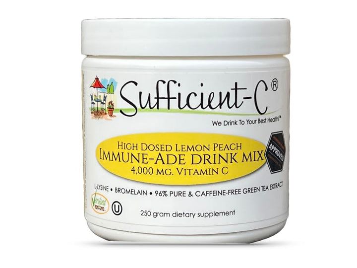 Sufficient-C High-Dosed 4000 mg. Vitamin C Lemon Peach Immune-Ade Drink Mix 250 gram Size - Refreshing with Generously Dosed L-lysine, Bromelain & 96% Pure, Caffeine-Free Green Tea Extract