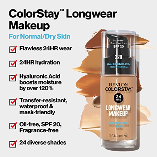 Revlon ColorStay Liquid Foundation for Normal & Dry Skin, Face Makeup Stocking Stuffers for Women, SPF 20, Medium-Full Coverage, Natural Finish, 240 Medium Beige, 1.0 Oz