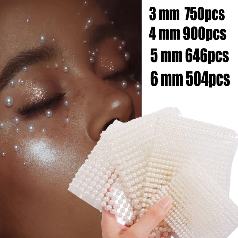 White Pearl Eyes Face 3D Self Adhesive Nail Rhinestones Temporary Tattoo Gems Dots Jewelry DIY Body Art Accessories Festival Decorations 4 Sheets