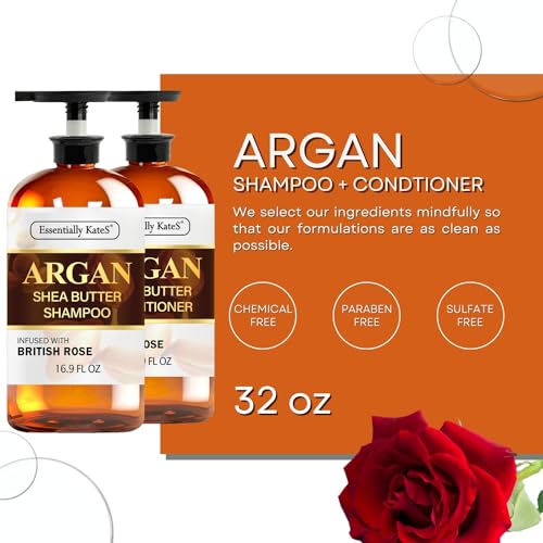 Essentially KateS Argan Shea Butter Shampoo and Conditioner Infused with Rose Extract 16 Fl Oz Set, Pack of 2 - Long Lasting Moisturizing Effect - Curly and Wavy Hair