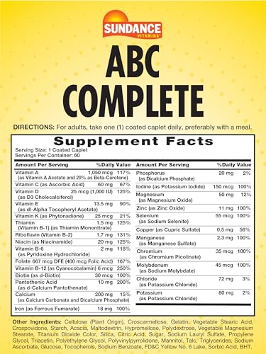 Sundance ABC Complete Multivitamin for Women & Men | with Iron | 60 Caplets | with Mineral Formula | Non-GMO and Gluten Free Supplement