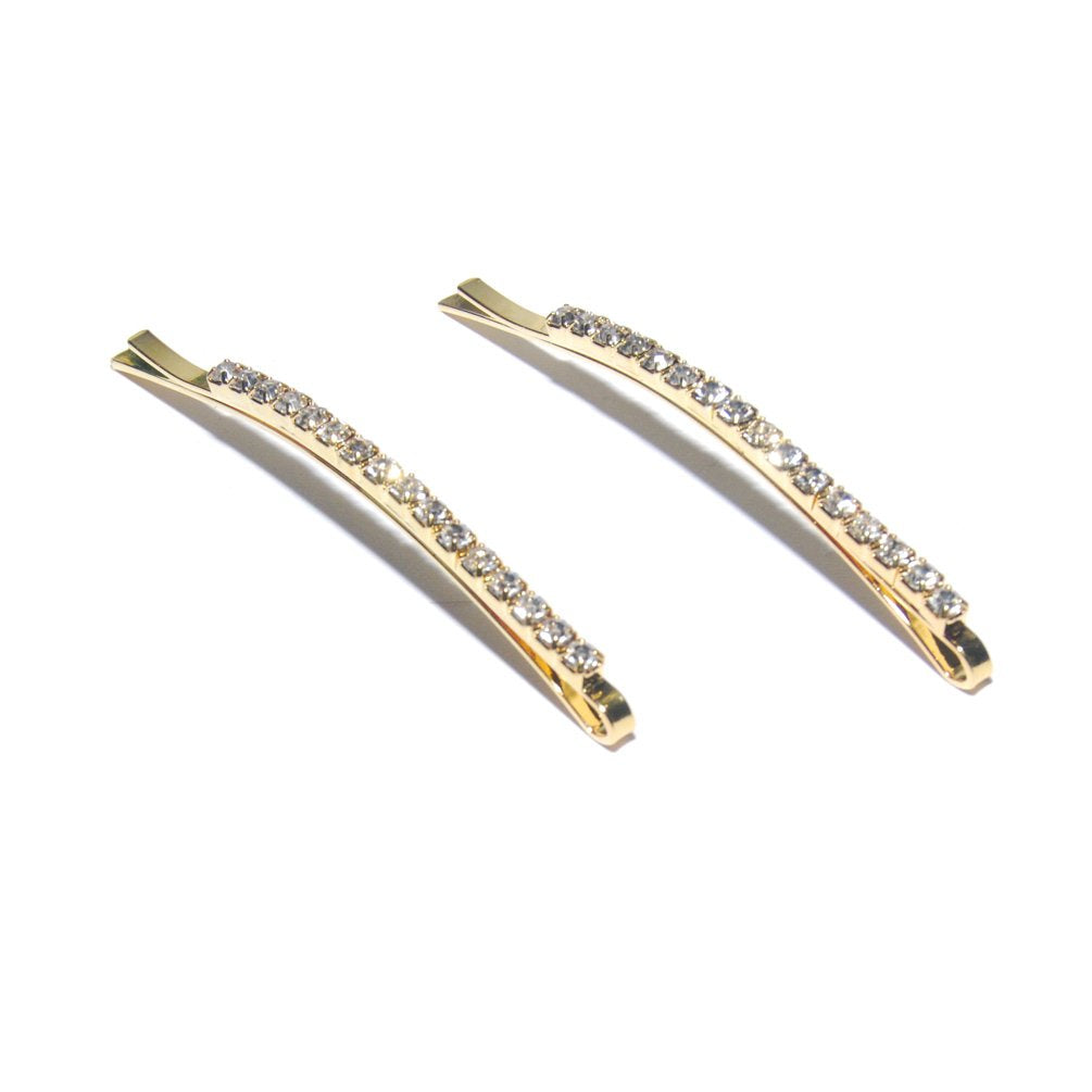 Gold Tone, 2 Count : Luxxii - 1 Row Clear Rhinestone Crystal Hair Barrette Clip Hair Pin (Pack 2) (Gold Tone, 2 Count)