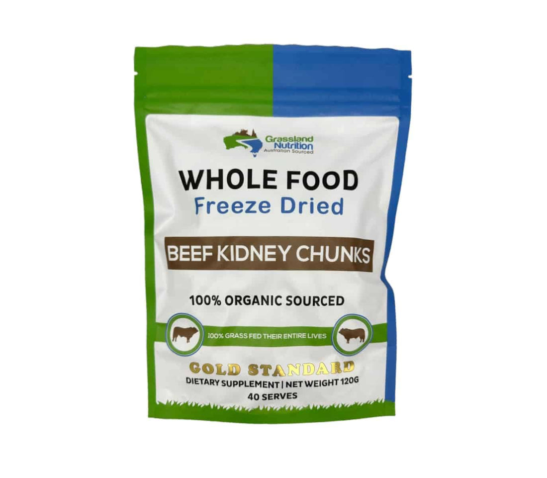 GRASSLAND NUTRITION Organic Kidney Freeze Dried Chunks (High in Selenium, B12, DAO) — Supports Kidney, Urinary, Thyroid, Histamine Health (120g)