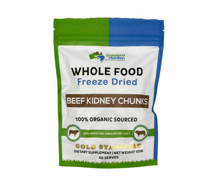 GRASSLAND NUTRITION Organic Kidney Freeze Dried Chunks (High in Selenium, B12, DAO) — Supports Kidney, Urinary, Thyroid, Histamine Health (120g)