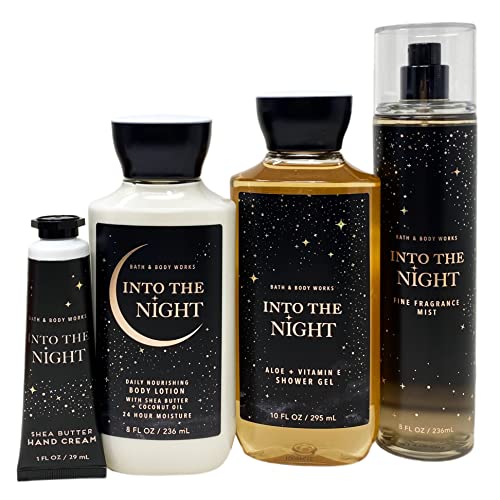 Bath and Body Works INTO THE NIGHT Gift Bag Set - Body lotion - Shower Gel and Fine Fragrance Mist Plus a Shea Butter Hand Cream arranged inside a transparent gift bag