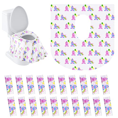 PaperKiddo 20 Pack Disposable Toilet Seat Covers Pink Unicorn Design Waterproof Potty Training Seat Cover Set Extra Large Perfect for Kids and Adults Individually Wrapped for Travel and Home