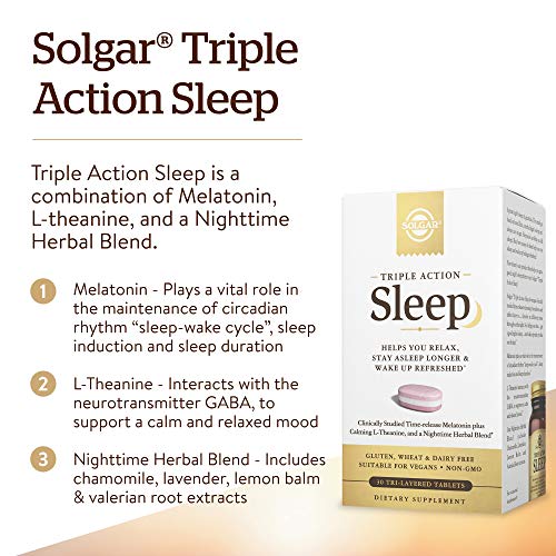 Solgar Triple Action Sleep, 30 Tri-Layer Tablets - Time-Release Melatonin & L-Theanine Plus Herbal Blend - Helps You Relax, Fall Asleep Fast & Stay Asleep Longer - Non-GMO, Gluten Free - 30 Servings