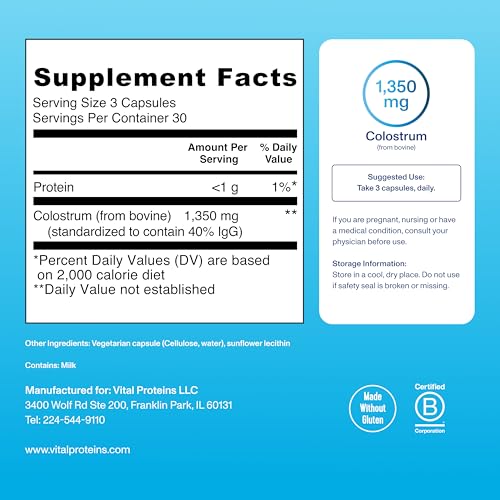 Vital Proteins Bovine Colostrum Supplement 90 Capsules for Gut Health, Immune Support with 40% IgG Premium Bovine Colostrum Superfood, Unflavored, 30 Servings