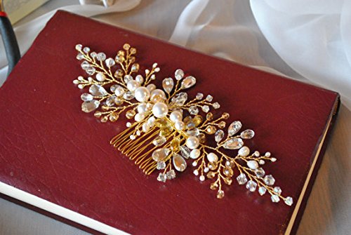 Kercisbeauty Wedding Bridal Bridesmaids Flower Girl Crystal and Pearl Side Hair Comb Slide Headpiece Long Curly Bun Hair Accessories for Prom (Gold)