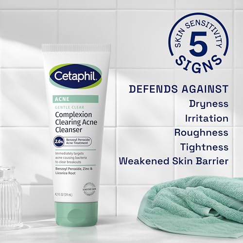 Cetaphil Gentle Clear Complexion-Clearing BPO Acne Cleanser with 2.6% Benzoyl Peroxide, Creamy and Soothing for Sensitive Skin, Suitable for All Skin Types, 4.2oz
