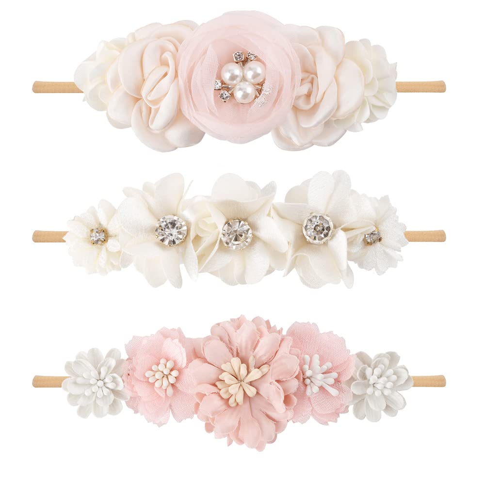cherrboll 3pcs Baby Girl Flower Headbands, Super Soft & Stretchy Nylon Floral Hairbands for Newborn Toddler
