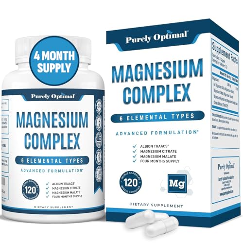 Purely Optimal Magnesium Complex 500mg w/Citrate, Malate, Taurate, Oxide, Bisglycinate Chelate, Aspartate - Magnesium Supplement for Women & Men for Sleep Aid, Muscle & Heart Health - 120 Vegan Caps