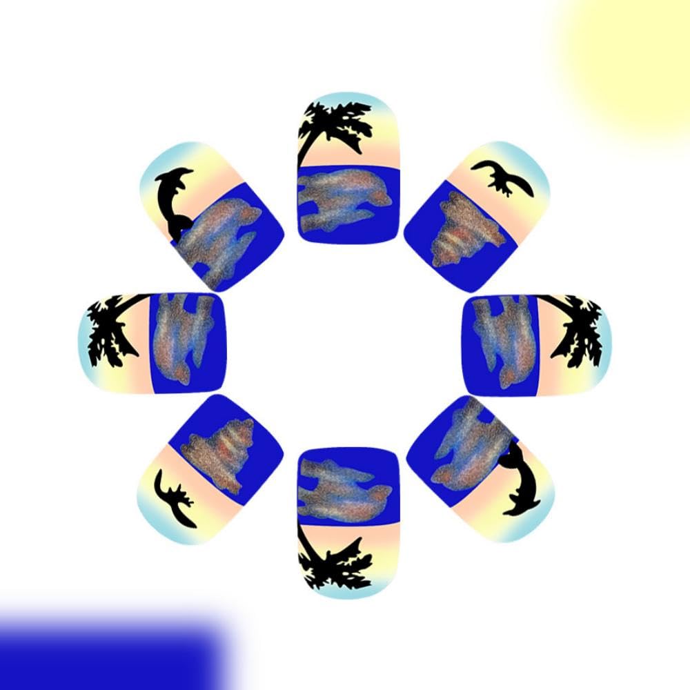 Sea Waves Press on Nails Short Square False Nails with Coconut Palms Designs Whale Stick on Nails Sea Gull Fake Nails Full Cover Reusable Summer Artificial Nails Nails for Women Girls Manicure 24Pcs