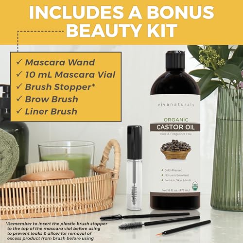 Viva Naturals Organic Castor Oil for Eyelashes and Eyebrows (16 fl oz) - USDA Certified Organic, Cold Pressed Castor Oil, Natural Hair Oil & Eyelash Serum, Beauty Kit Included