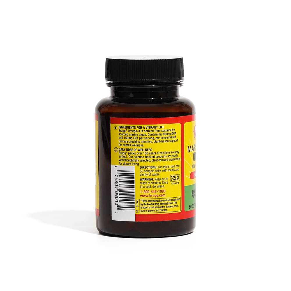 Bragg Marine Algae Vegan Omega-3 Supplement with EPD and DHA Fatty Acids - 60 Softgels - Supports Healthy Heart Function