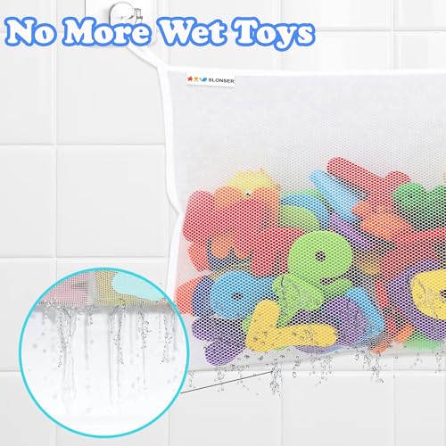 Bath Toy Net 18x16 Inch Kids Bath Tub Toy Holder, Corner Mesh Bag, Baby Bathtub Storage Organizer, Large Bathroom Bucket Bin, Toddler Shower Caddy Hanging Basket, 2 Suction Cups 2 Adhesive Wall Hooks