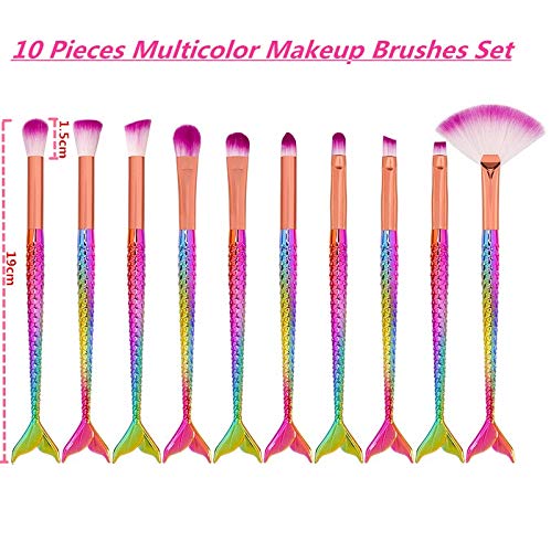 Makeup Brush Set 10 Pcs Fish Tail Eye Makeup Brushes, Eyeshadow Concealer Eyeliner Brow Blending Brush Tool(Multicolor Mermaid Handle)