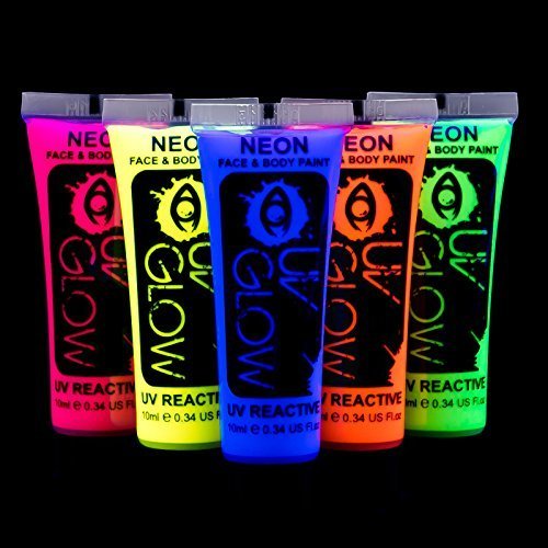 UV Glow Blacklight Neon Face & Body Paint - 10ml NEON SET of 5 - Fluorescent & Super Bright