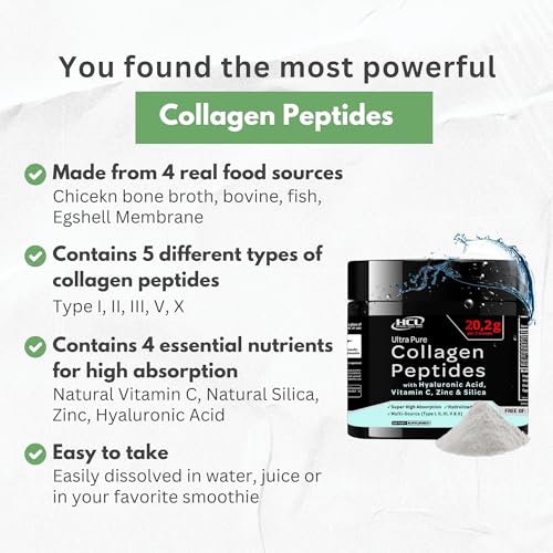 Collagen Peptides Powder with Vitamin C & Hyaluronic Acid - Organic Cleanest Sources & Super High Absorption - Hydrolyzed Multi Type I, II, III, V, X - Skin Hair Joint Supplement Made in USA