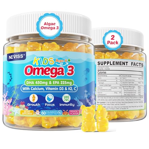 Kids Omega 3 Gummies with Calcium, Vitamin D3 & K2, C, Omega-3 DHA Gummies - Focus and Memory, Bone Growth & Immune Support, Kids Omega 3 Supplement - No Fish Taste, Non-GMO, Chewable, 2 Pack