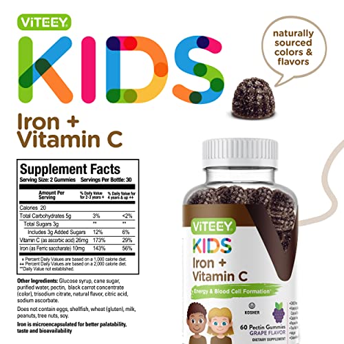 Iron Gummies for Kids with Vitamin C - Supports Energy, Blood Cell Formulation, Blood Builder Anemia Kids Iron Supplements - Vegan, Gelatin Free, Gluten Free - Tasty Chewable Grape Flavored Gummy