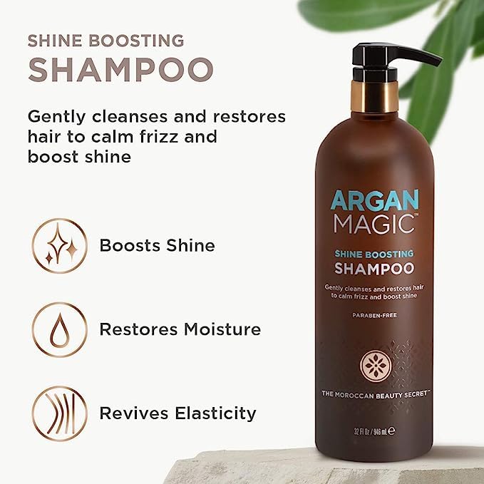 ARGAN MAGIC Hair Care Essentials Trio - Shine Boosting Shampoo | Moisturizing Conditioner | 10 in 1 Leave in Spray | Restores Shine & Elasticity | Hydrates | Detangles | Made in USA (32 oz / 8 oz)
